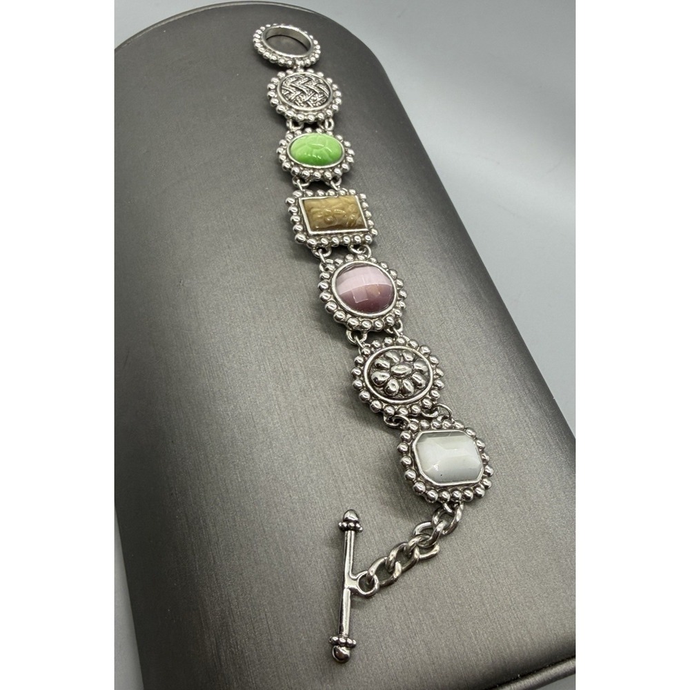 Silver Tone Multi Acrylic Stone Metal Link Bracelet Engraved Designs Toggle